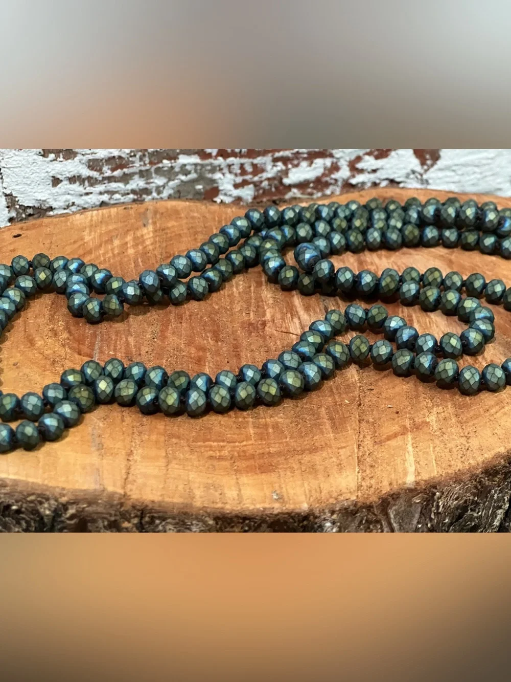 Vintage Necklace Long Iridescent Green Faceted Continuous Strand 56”